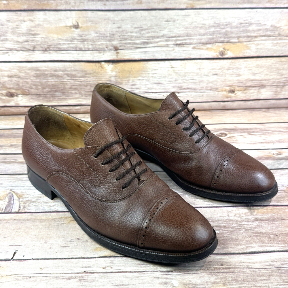 Lorenzi Mens Brown Pebbled Italian Leather Cap Toe Oxford Dress Shoes Size 8